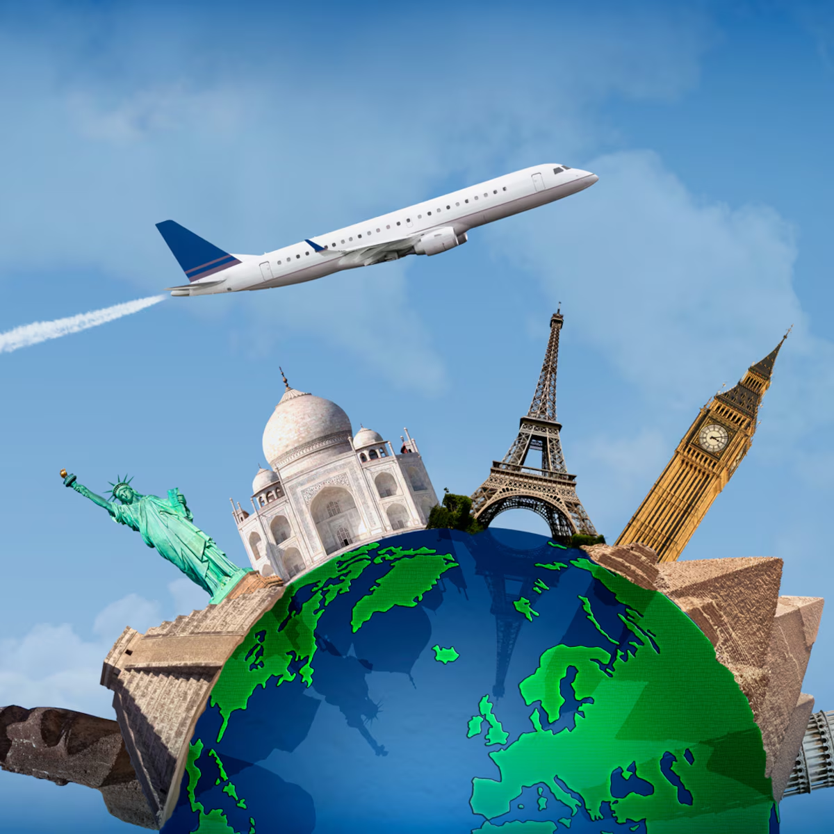 Iconic monuments of the world: Eiffel Tower, Big Ben, Taj Mahal and the Statue of Liberty