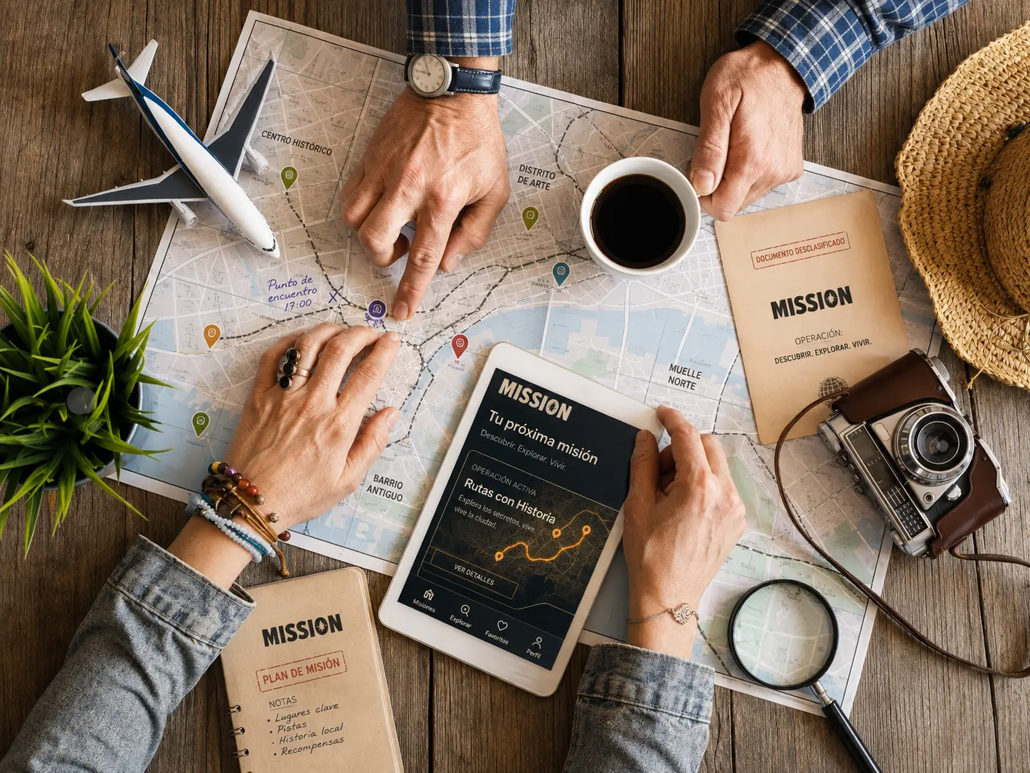 Family planning a mission over a map with the MISSION app on a tablet