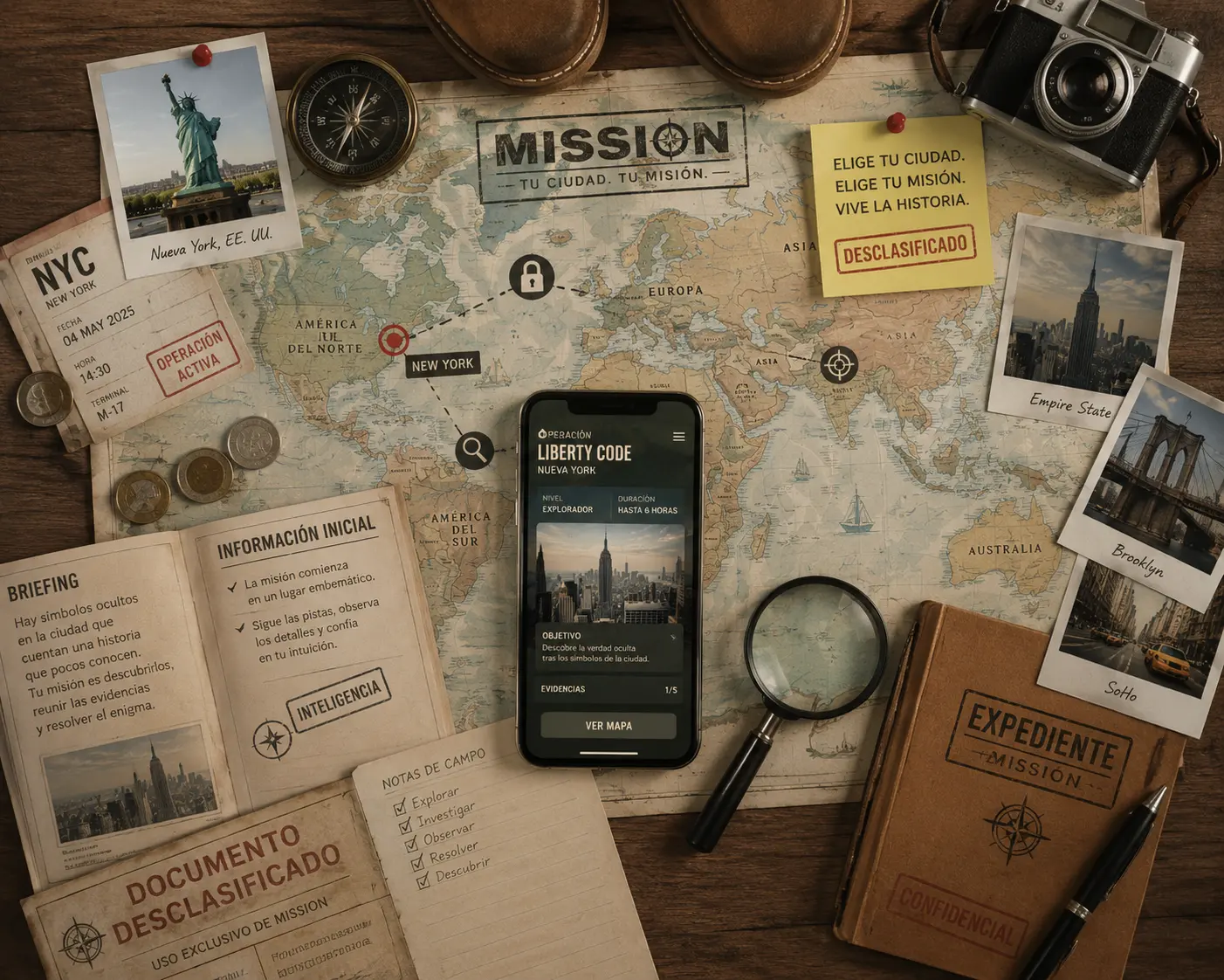 Declassified MISSION dossier in New York with a map, photos, field notes and the app
